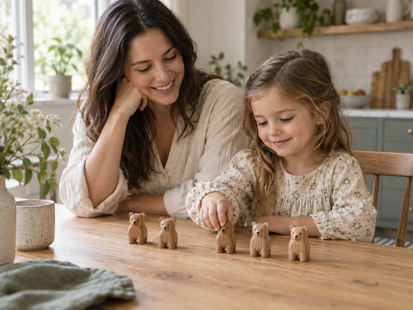 A parent and child exploring counting together with wooden bears.